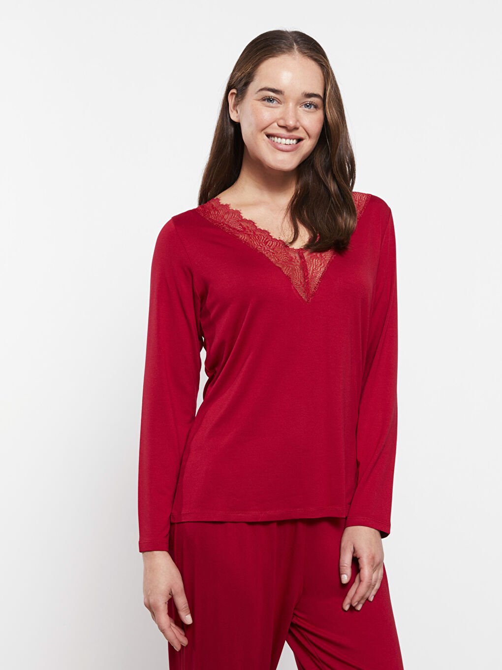 Комплект пижами с V-образно деколте, дантела и дълъг ръкав за жени-2