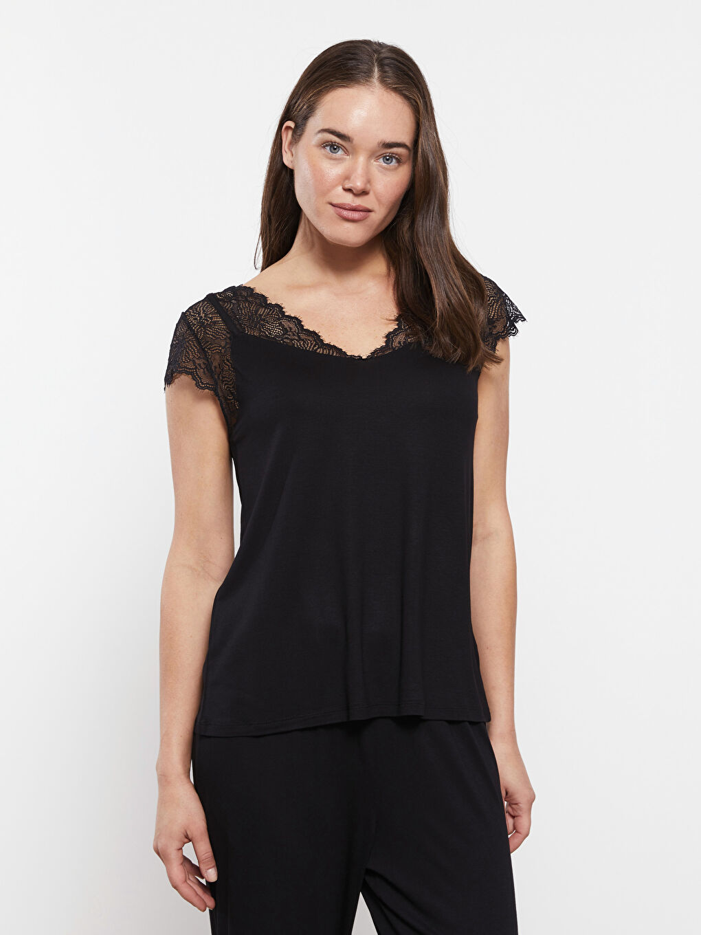 Пижамный комплект с V-образным вырезом, кружевом и коротким рукавом для женщин-2