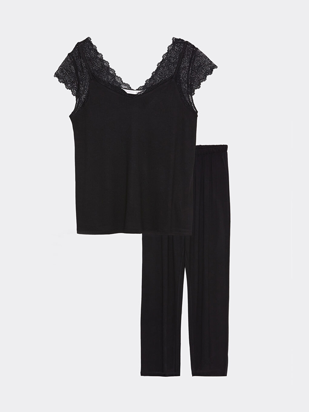 Пижамный комплект с V-образным вырезом, кружевом и коротким рукавом для женщин-5