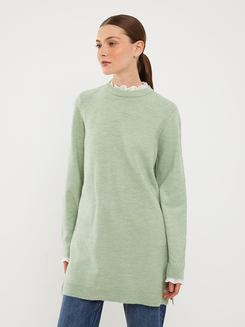 Yeşil Fırfırlı Dik Yaka Düz Uzun Kollu Kadın Triko Tunik-1