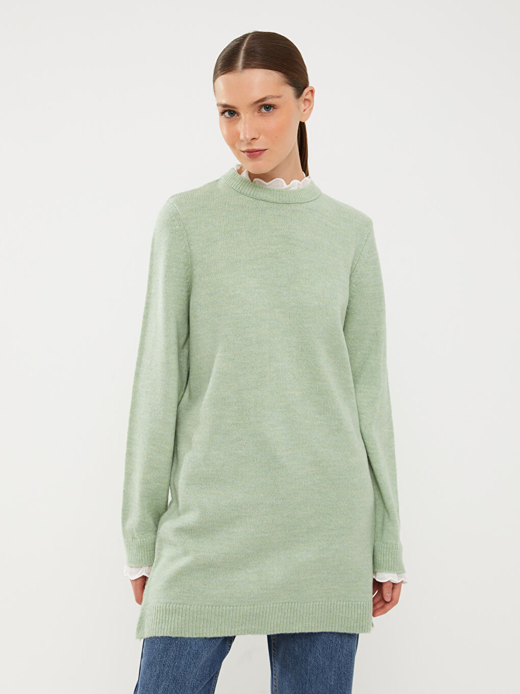 Yeşil Fırfırlı Dik Yaka Düz Uzun Kollu Kadın Triko Tunik-2