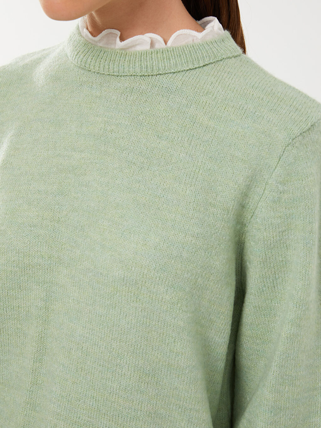 Yeşil Fırfırlı Dik Yaka Düz Uzun Kollu Kadın Triko Tunik-3