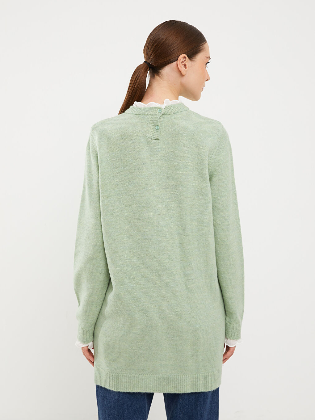 Yeşil Fırfırlı Dik Yaka Düz Uzun Kollu Kadın Triko Tunik-4