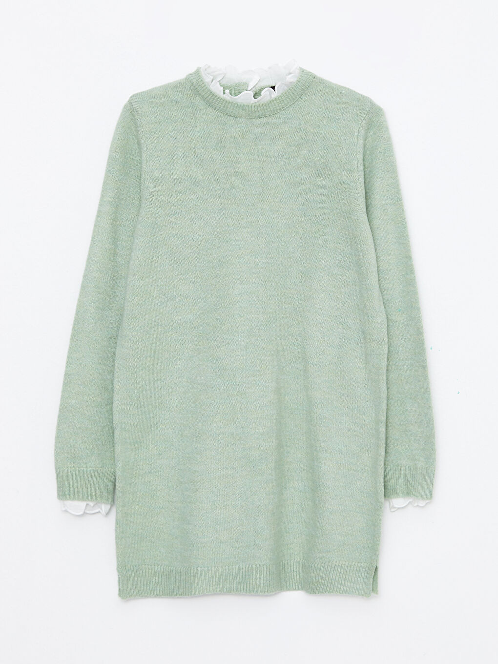 Yeşil Fırfırlı Dik Yaka Düz Uzun Kollu Kadın Triko Tunik-5