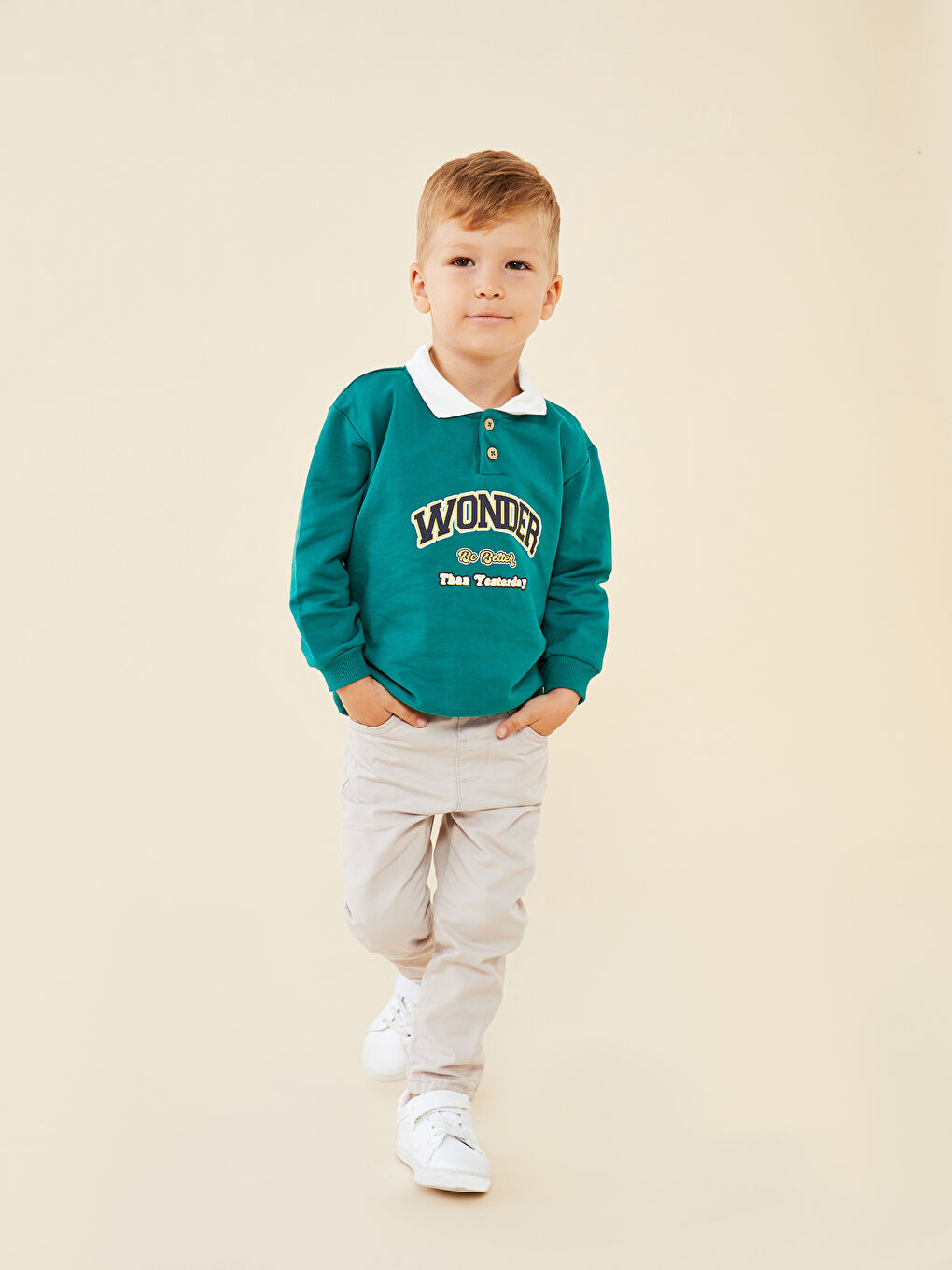 Yeşil Polo Yaka Uzun Kollu Baskılı Erkek Bebek Tişört ve Pantolon 2'li Takım-1