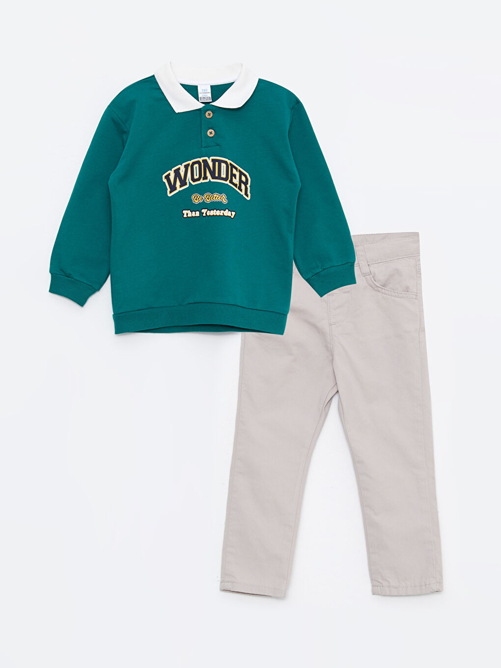 Yeşil Polo Yaka Uzun Kollu Baskılı Erkek Bebek Tişört ve Pantolon 2'li Takım-4