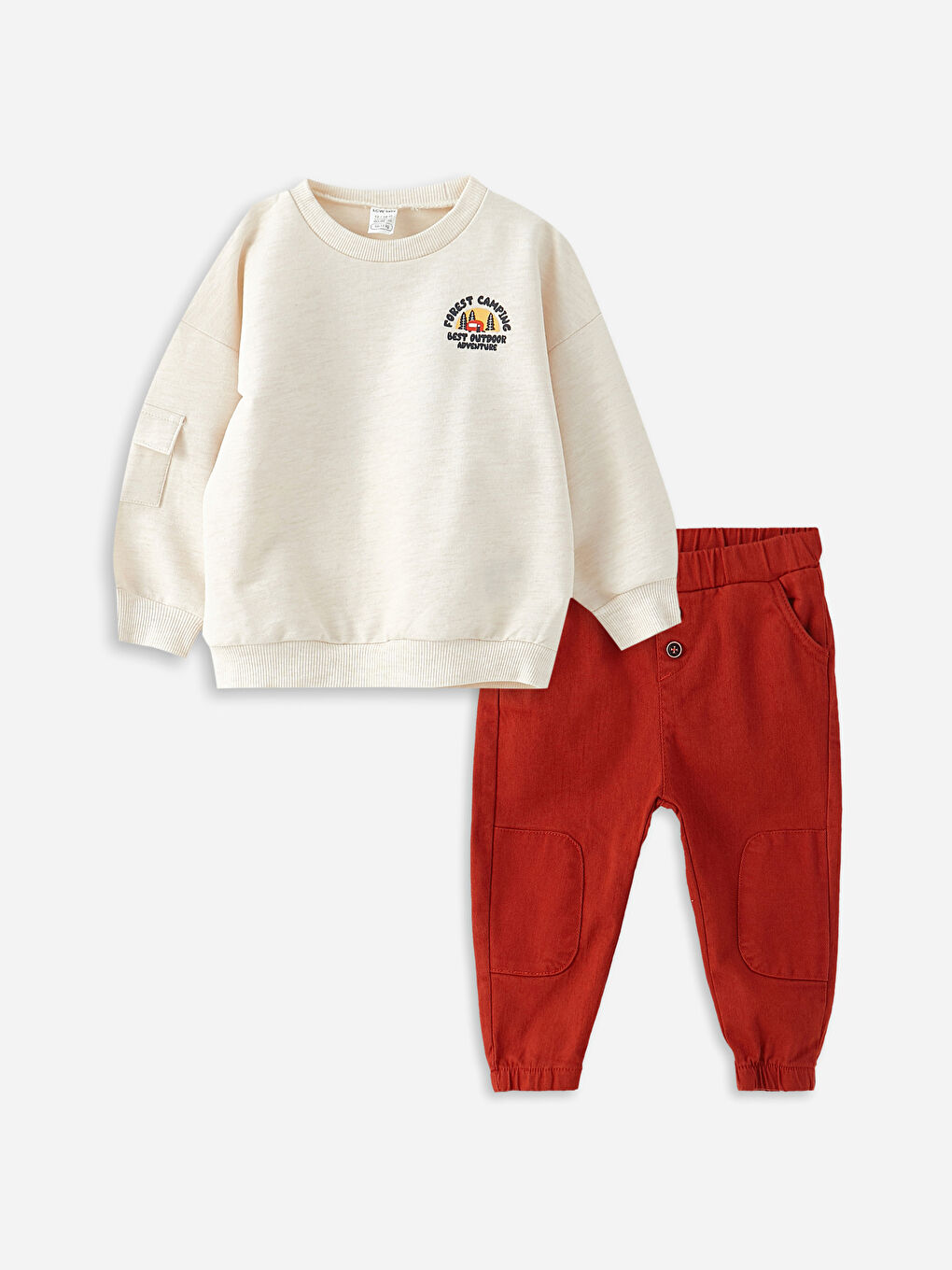 Ekru Bisiklet Yaka Uzun Kollu Baskılı Erkek Bebek Sweatshirt ve Pantolon 2'li Takım