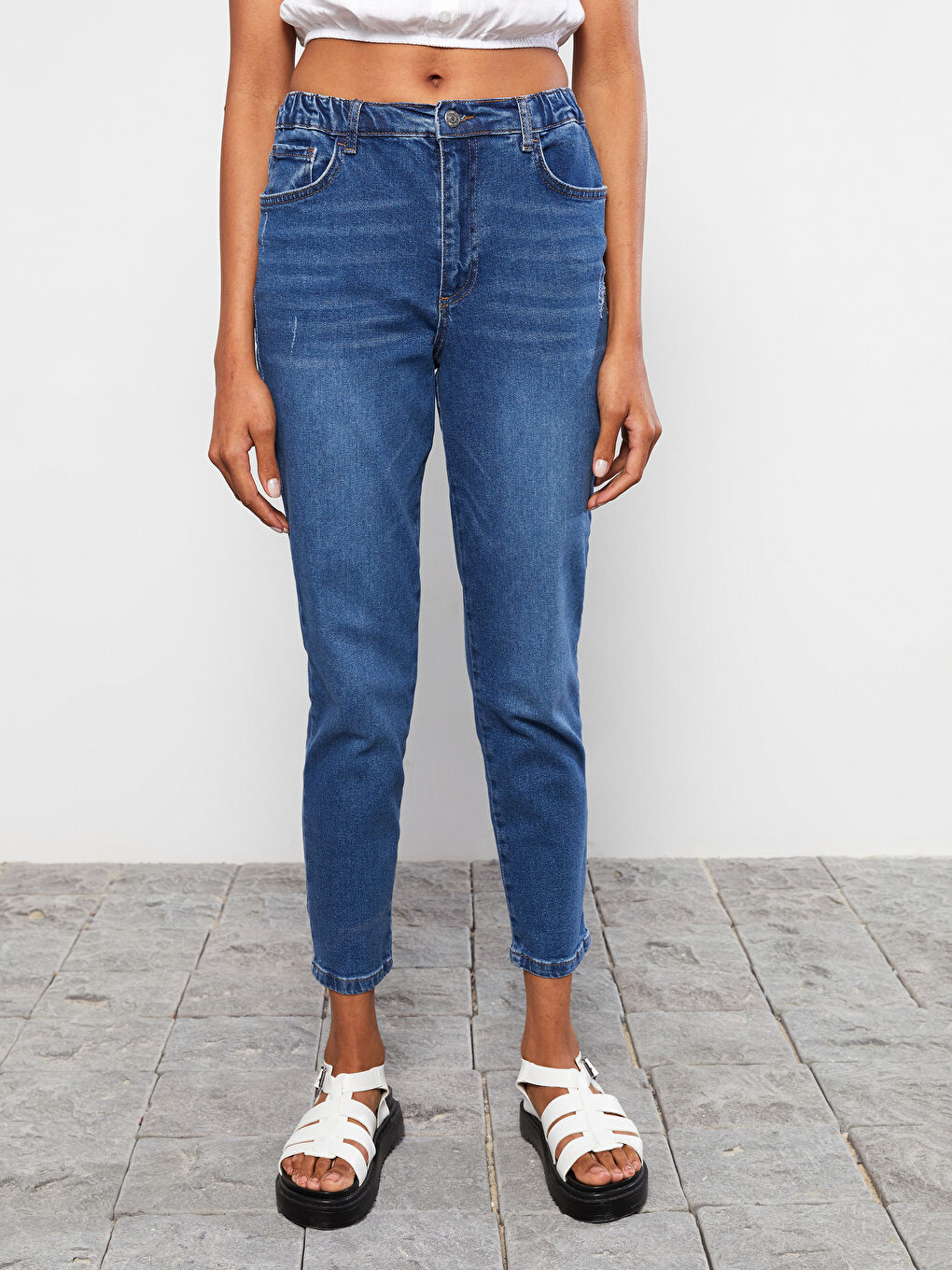 İndigo Kadın Beli Lastikli Mom Fit Düz  Jean Pantolon-2