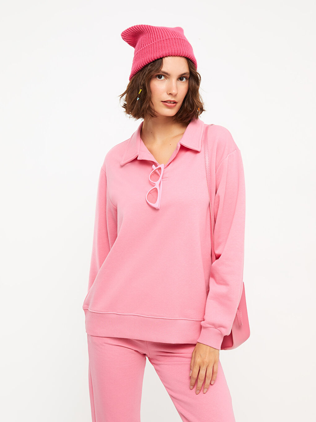 XSIDE Pembe Polo Yaka Düz Uzun Kollu Kadın Sweatshirt