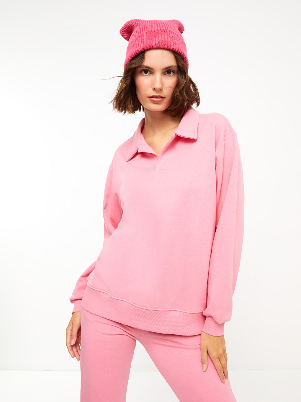 XSIDE Pembe Polo Yaka Düz Uzun Kollu Kadın Sweatshirt - 1