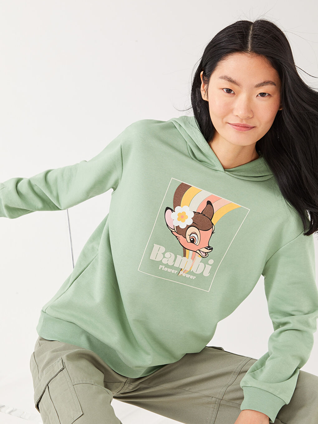 LCW Casual Φούτερ με Κουκούλα Bambi Εκτυπωμένο Μακρυμάνικο Για Γυναίκες Συνδυασμός Μαμάς Κόρης -W2DM01Z8-GKG