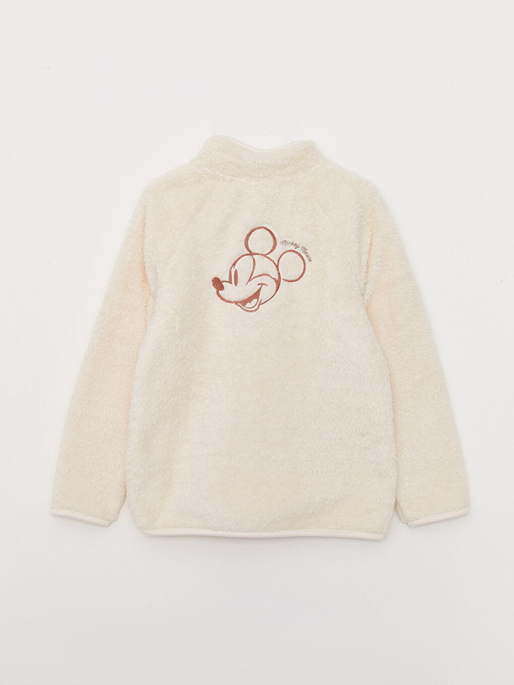 Bej Dik Yaka Mickey Mouse Nakışlı Uzun Kollu Pelüş Kız Çocuk Sweatshirt Anne Kız Kombini-1