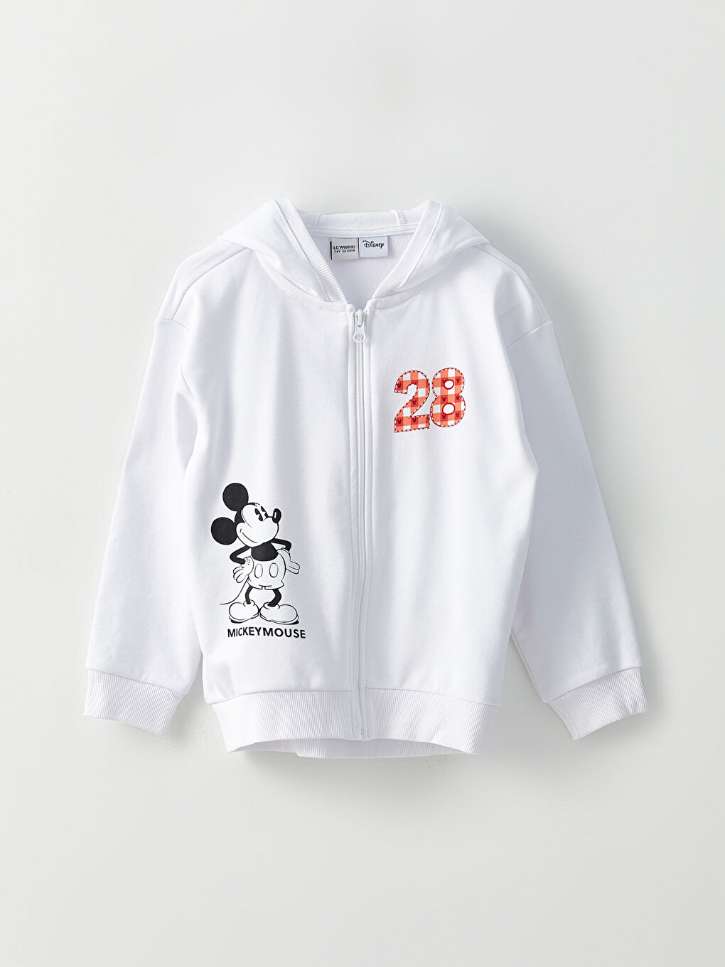 LCW Kids Optik Beyaz Kapüşonlu Mickey Mouse Baskılı Uzun Kollu Kız Çocuk Fermuarlı Sweatshirt