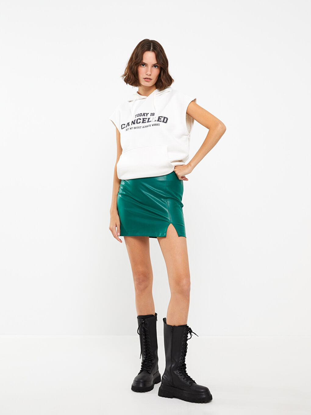 Plain Leather Look Women's Skirt-1