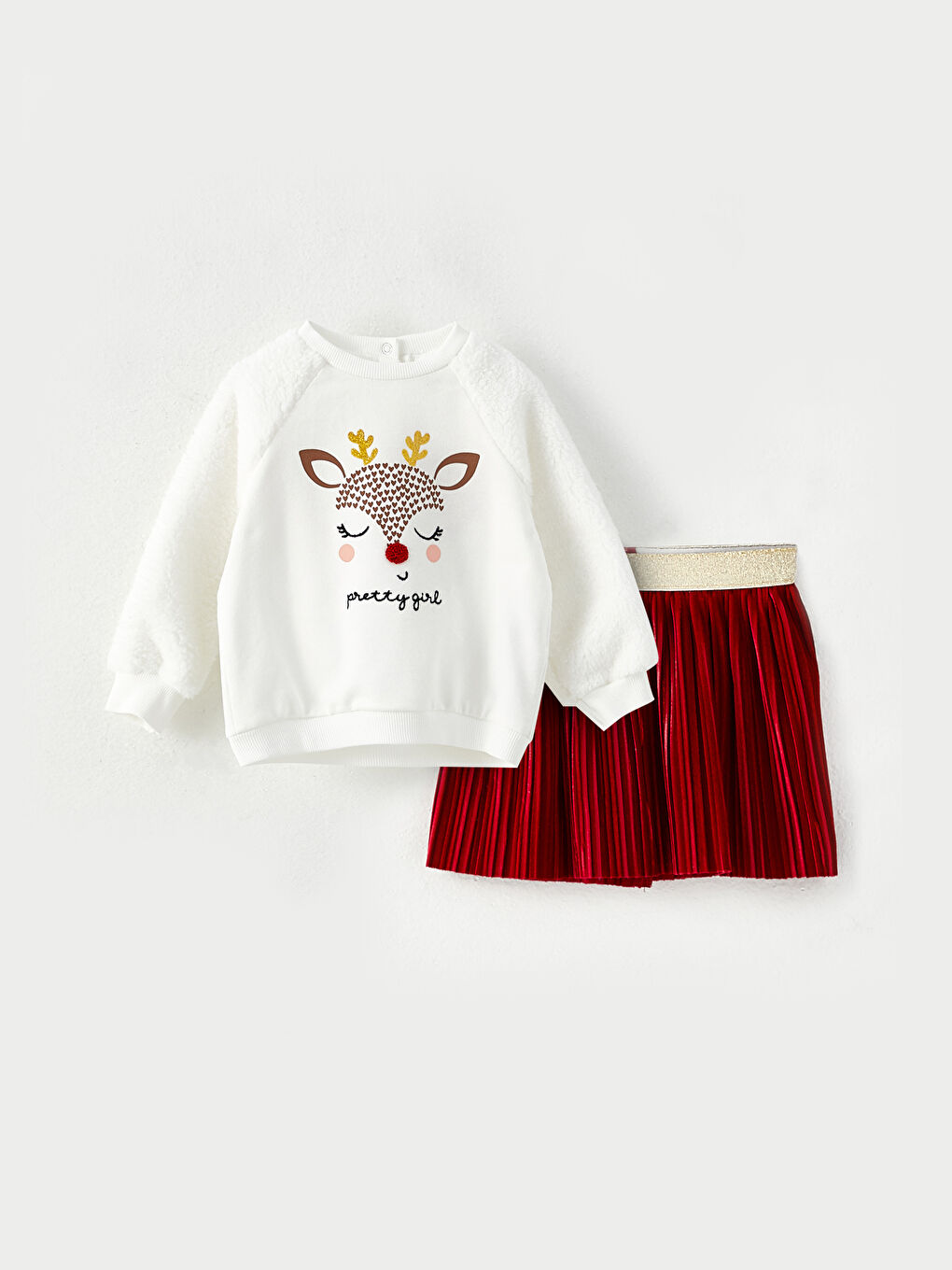 LCW baby Ekru Bisiklet Yaka Uzun Kollu Baskılı Kız Bebek Sweatshirt ve Etek 2'li Takım