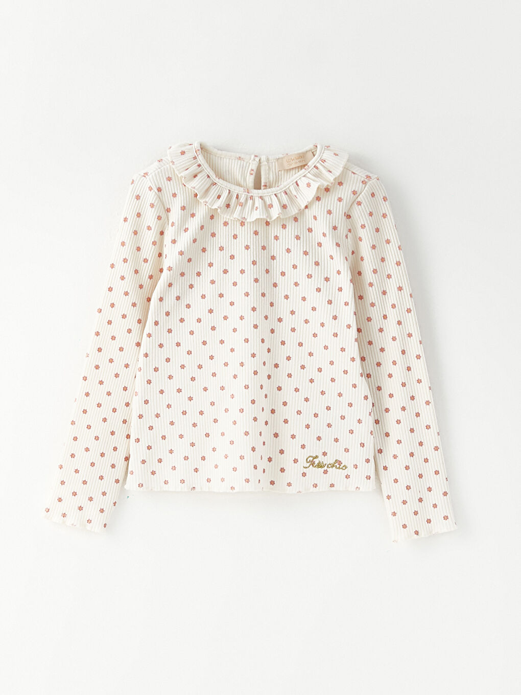 Ekru Bisiklet Yaka Baskılı Uzun Kollu Kız Çocuk Tişört