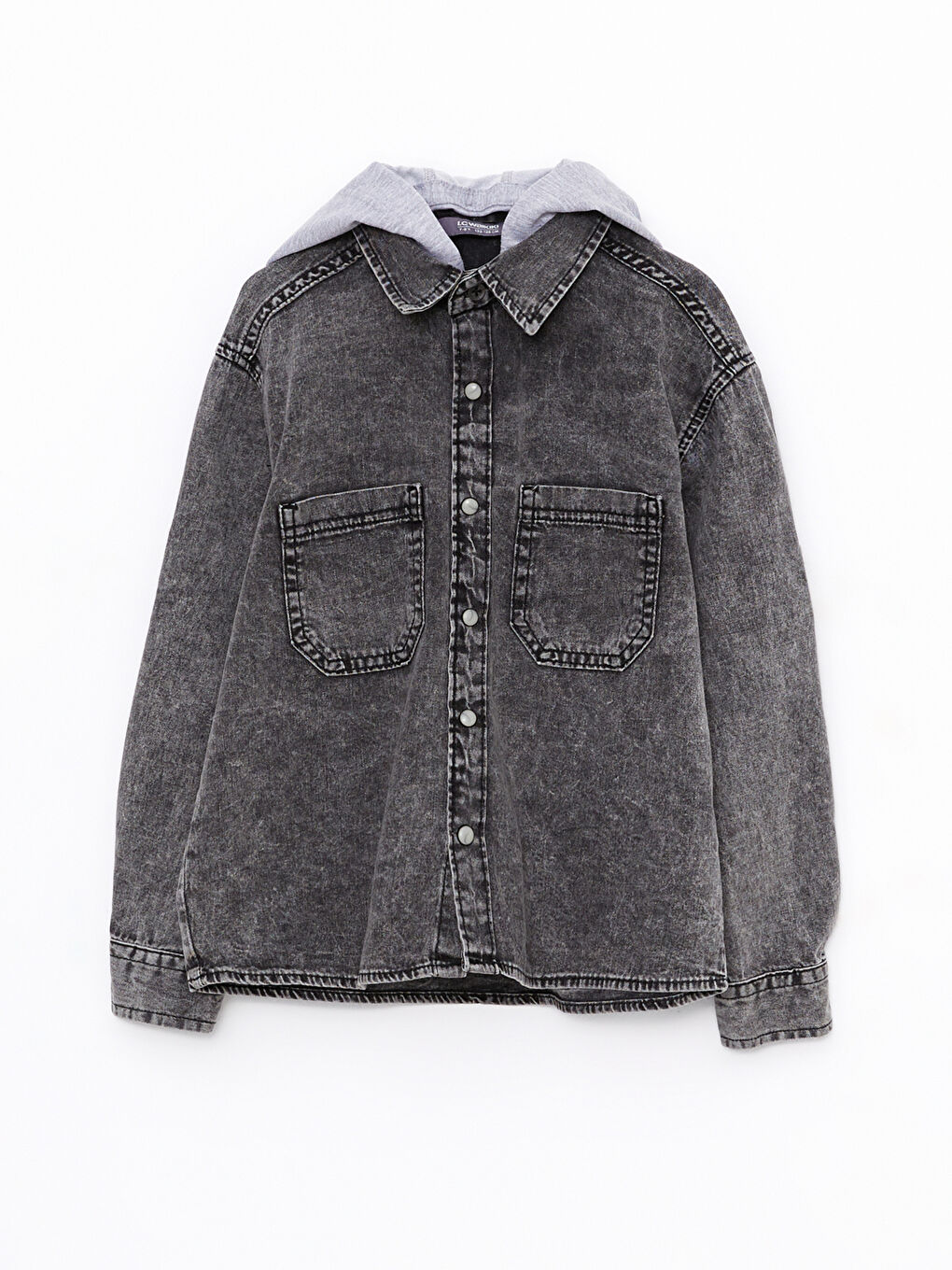 Siyah Kapüşonlu Baskılı Uzun Kollu Erkek Çocuk Jean Gömlek