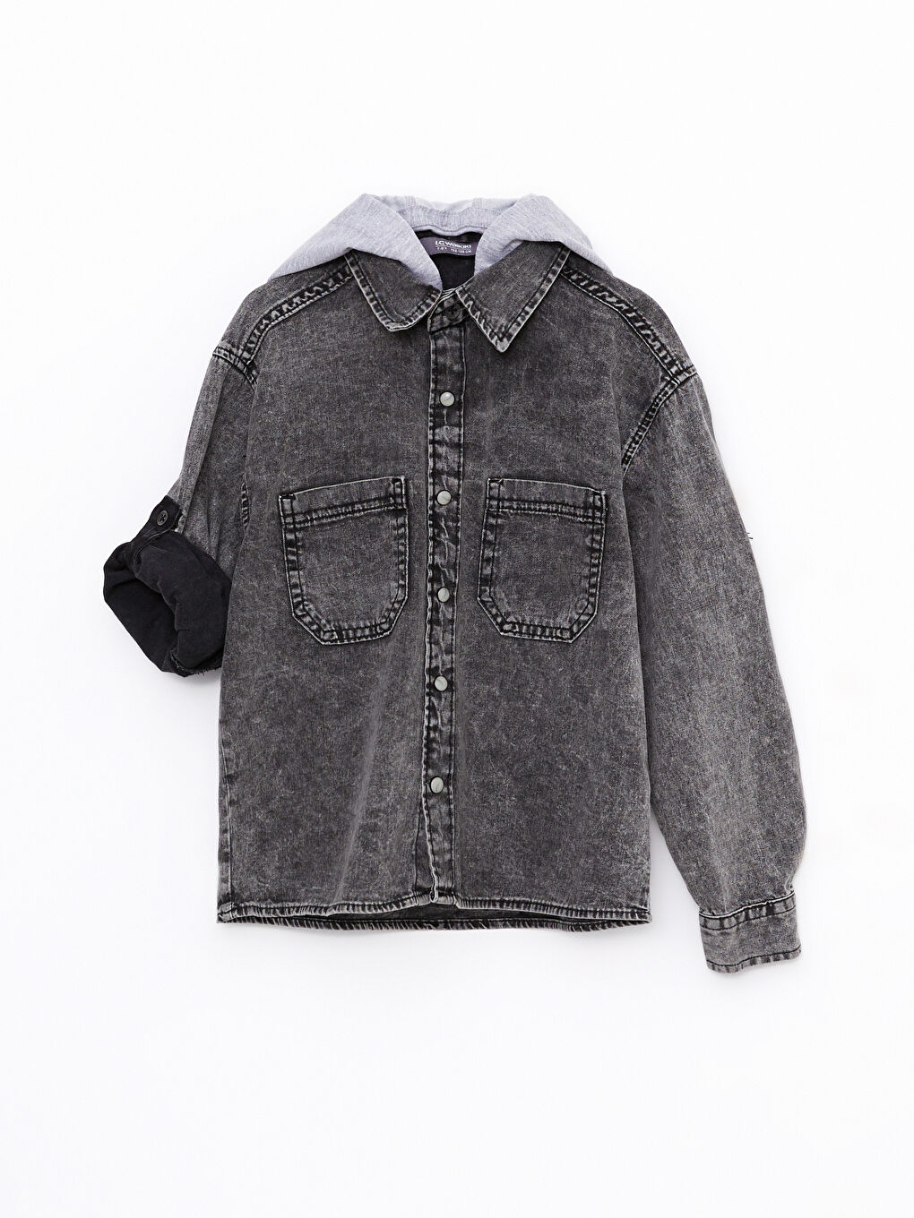 Siyah Kapüşonlu Baskılı Uzun Kollu Erkek Çocuk Jean Gömlek-1