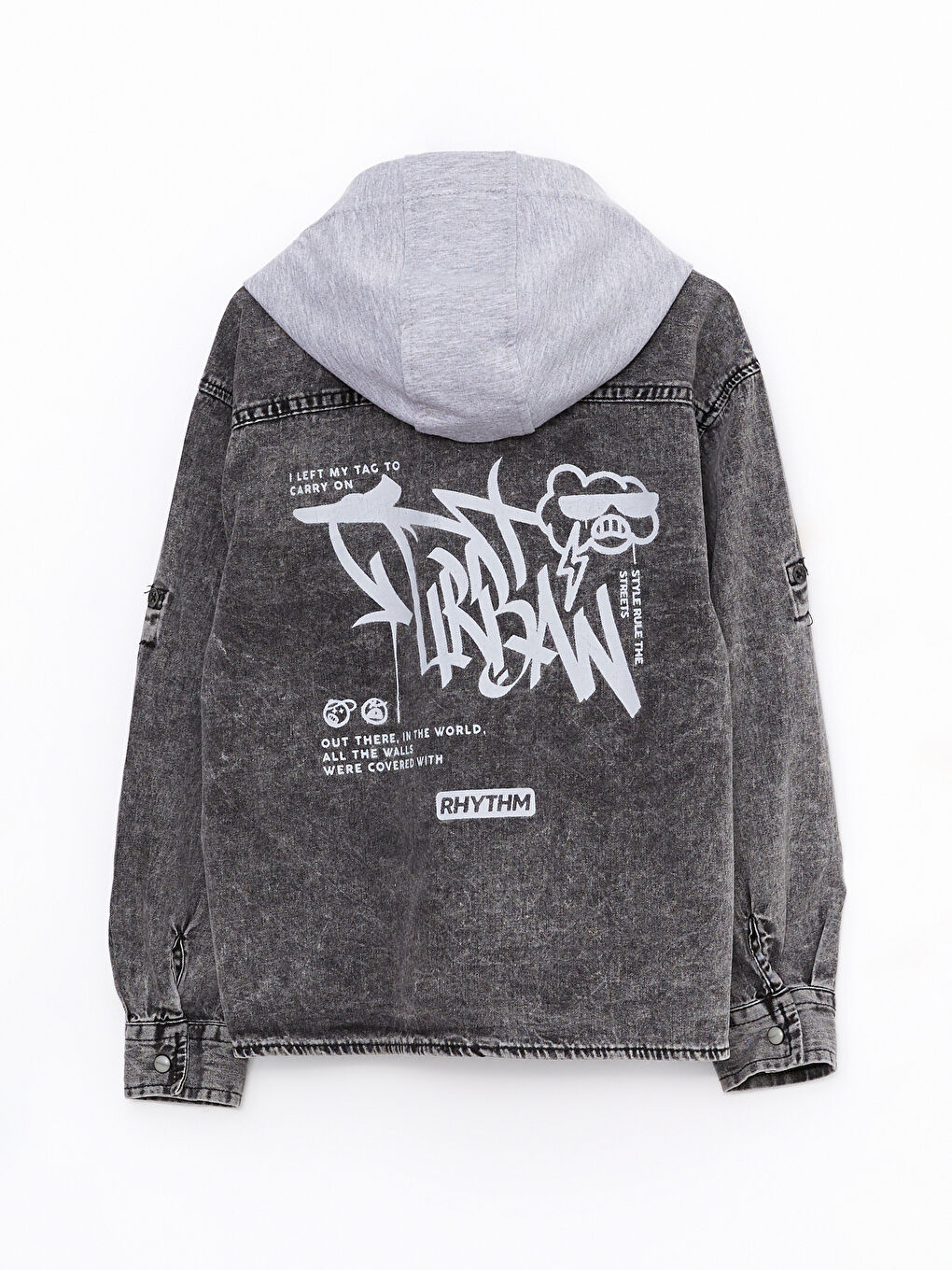 Siyah Kapüşonlu Baskılı Uzun Kollu Erkek Çocuk Jean Gömlek-2