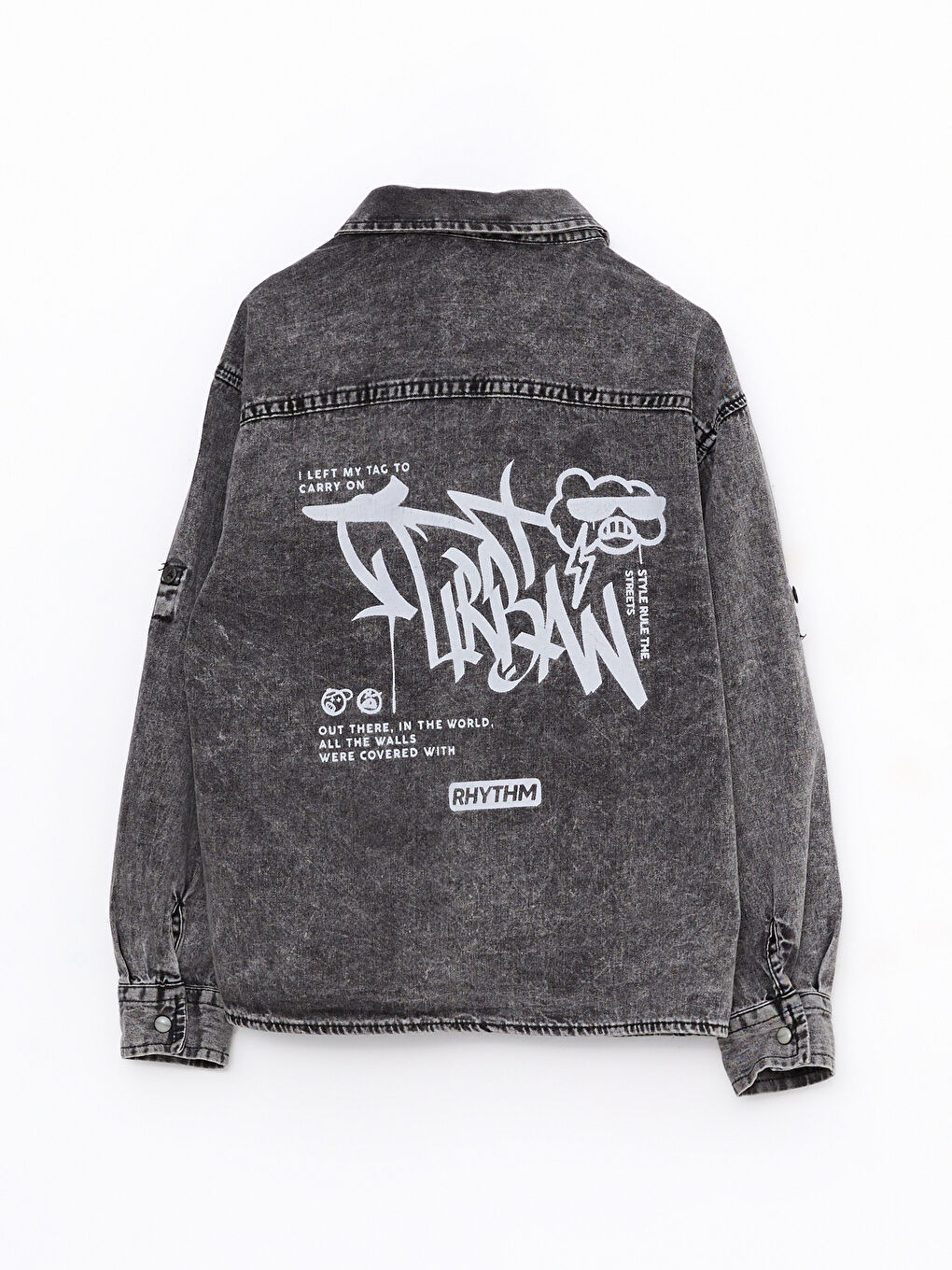 Siyah Kapüşonlu Baskılı Uzun Kollu Erkek Çocuk Jean Gömlek-3