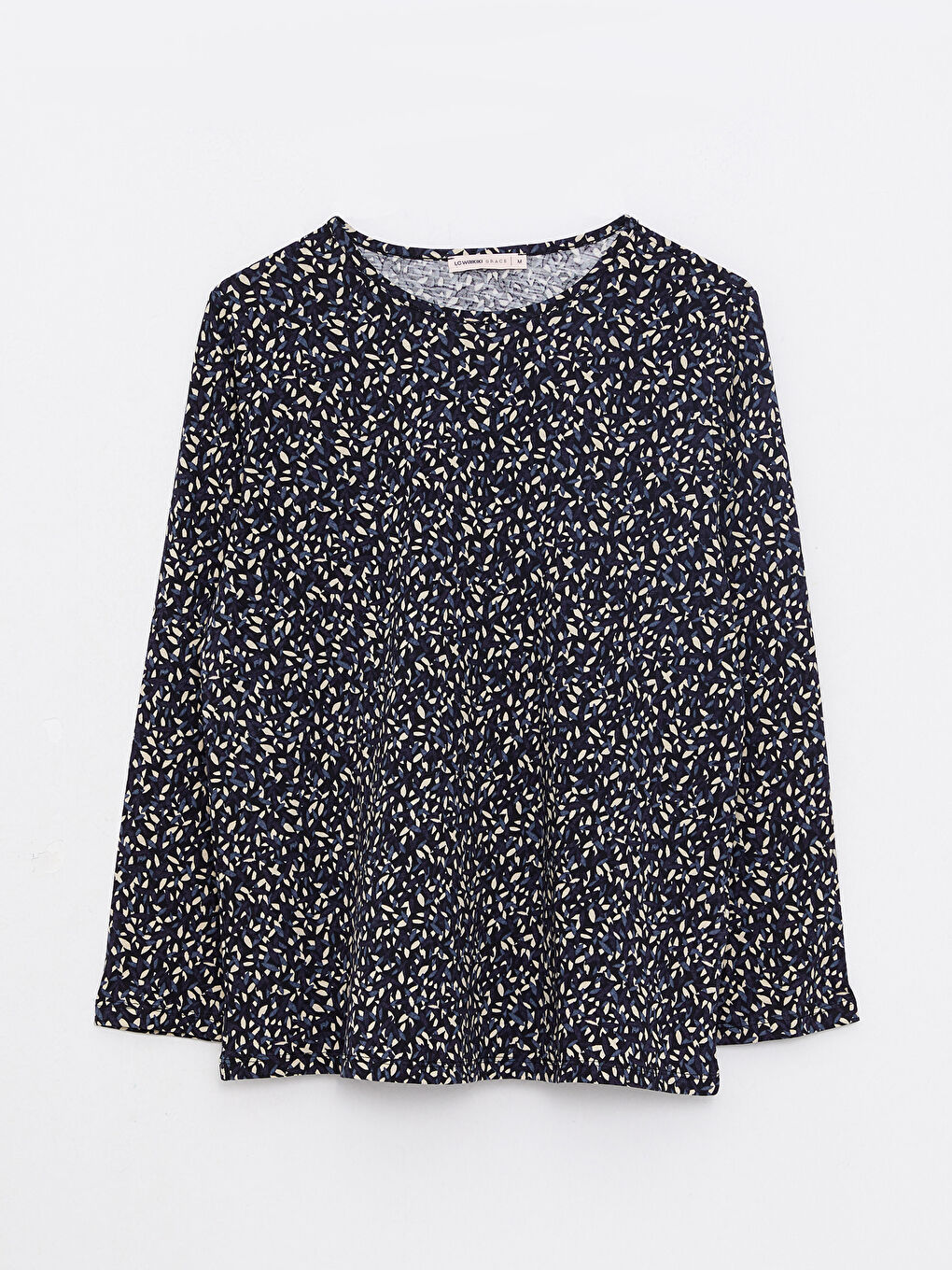 Lacivert Bisiklet Yaka Desenli Uzun Kollu Pamuklu Kadın Tişört-5