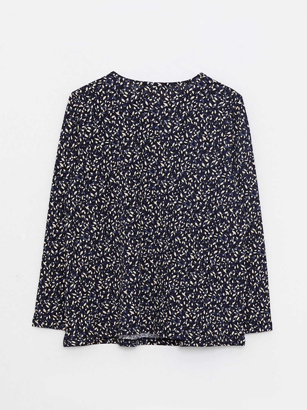 Lacivert Bisiklet Yaka Desenli Uzun Kollu Pamuklu Kadın Tişört-6