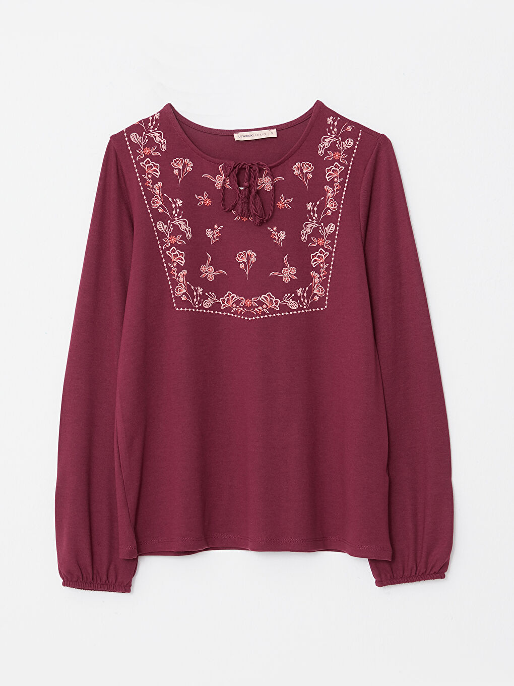 Bordo Bağlamalı Yaka Baskılı Uzun Kollu Kadın Tişört-4