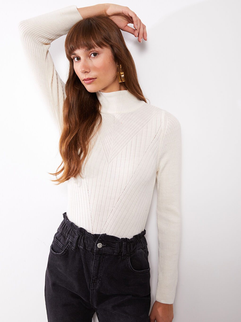 Half Turtleneck Self Patterned Long Sleeve Women's Tricot Sweater