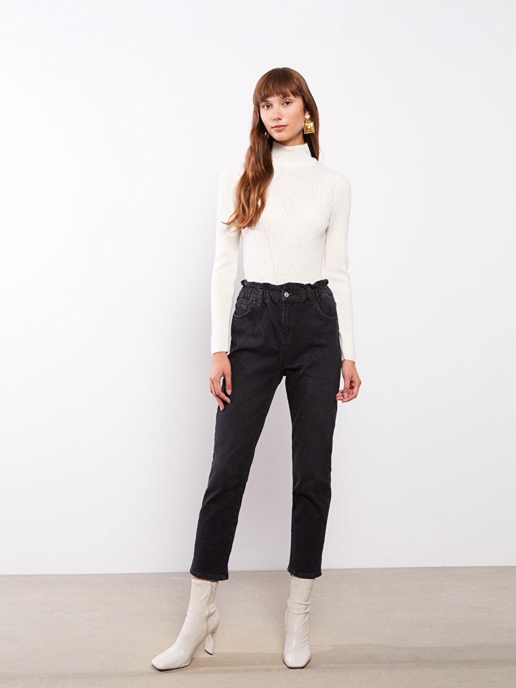 Half Turtleneck Self Patterned Long Sleeve Women's Tricot Sweater-1