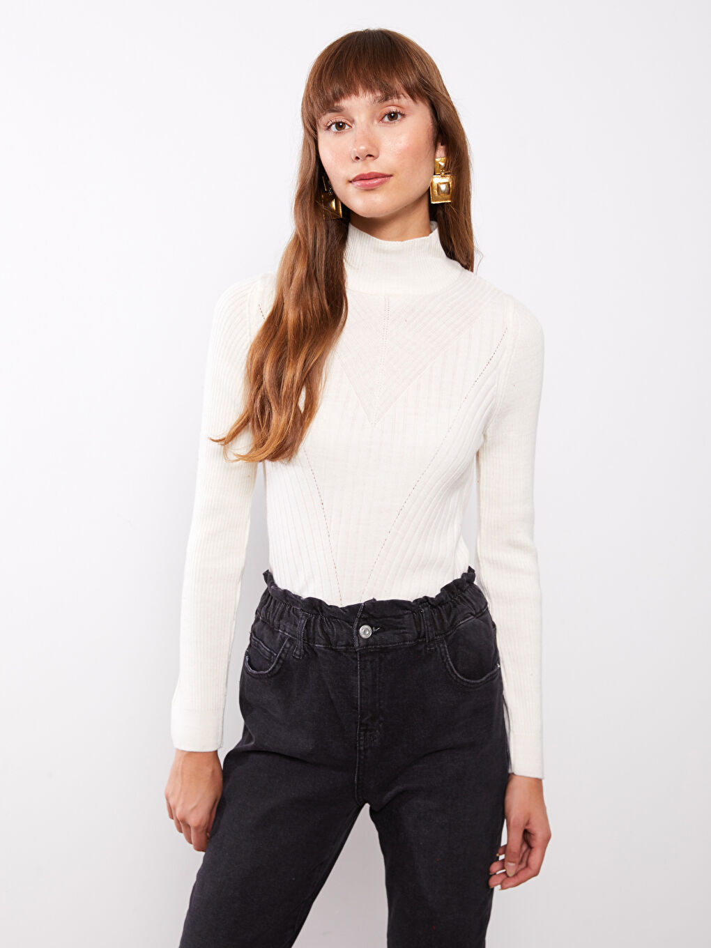 Half Turtleneck Self Patterned Long Sleeve Women's Tricot Sweater-2