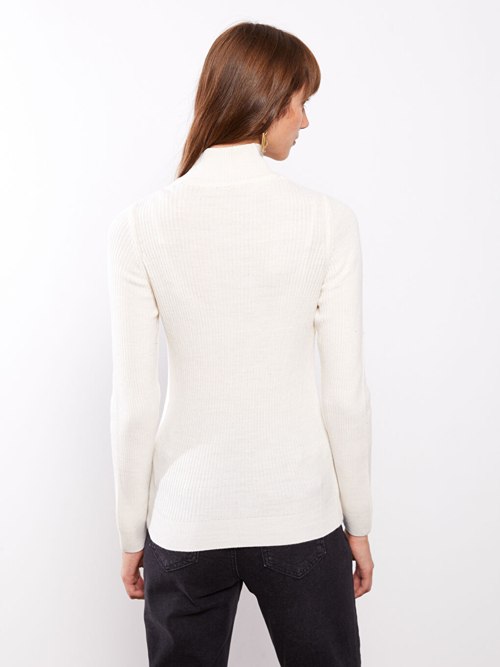 Half Turtleneck Self Patterned Long Sleeve Women's Tricot Sweater-4