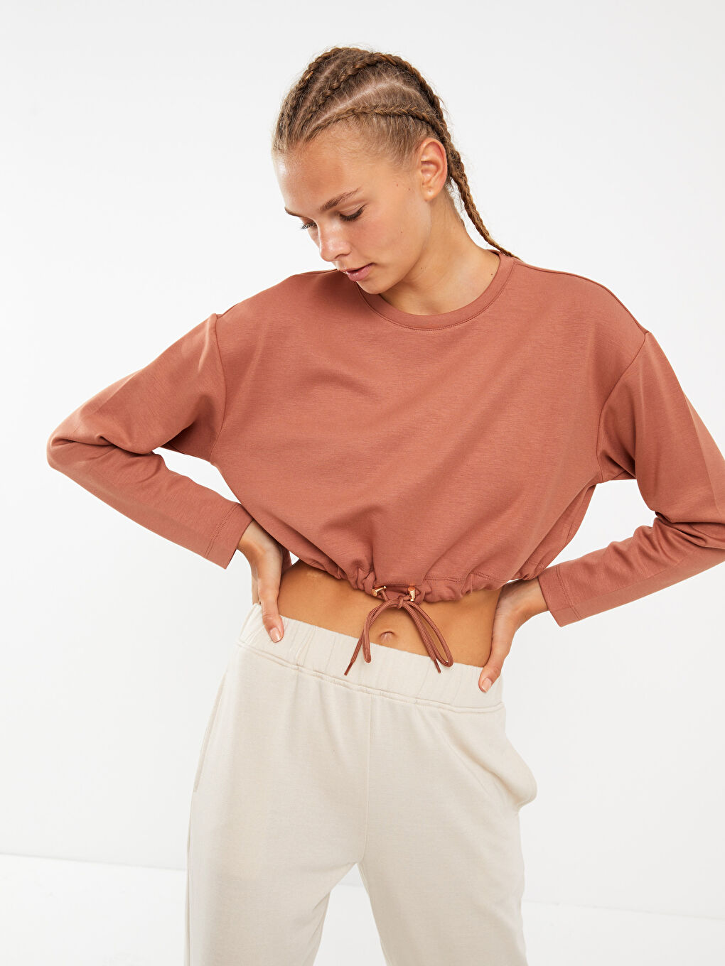 XSIDE ACTIVE Bisiklet Yaka Düz Uzun Kollu Crop Kadın Sweatshirt -W2DO61Z8-RGL
