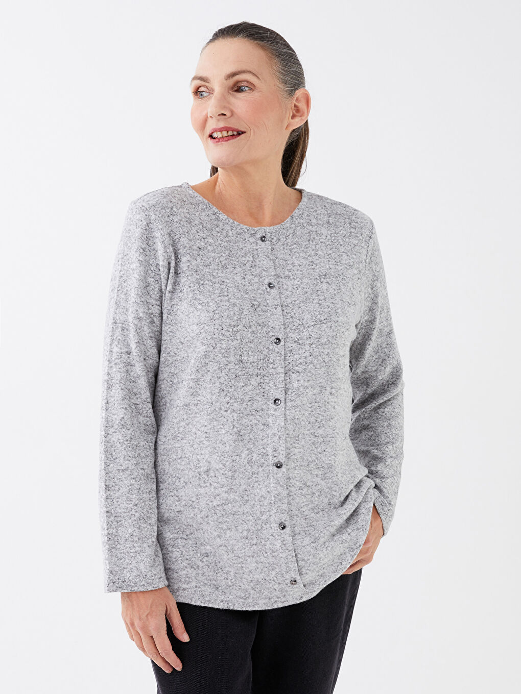 Gri Bisiklet Yaka Taşlı Uzun Kollu Kadın Bluz
