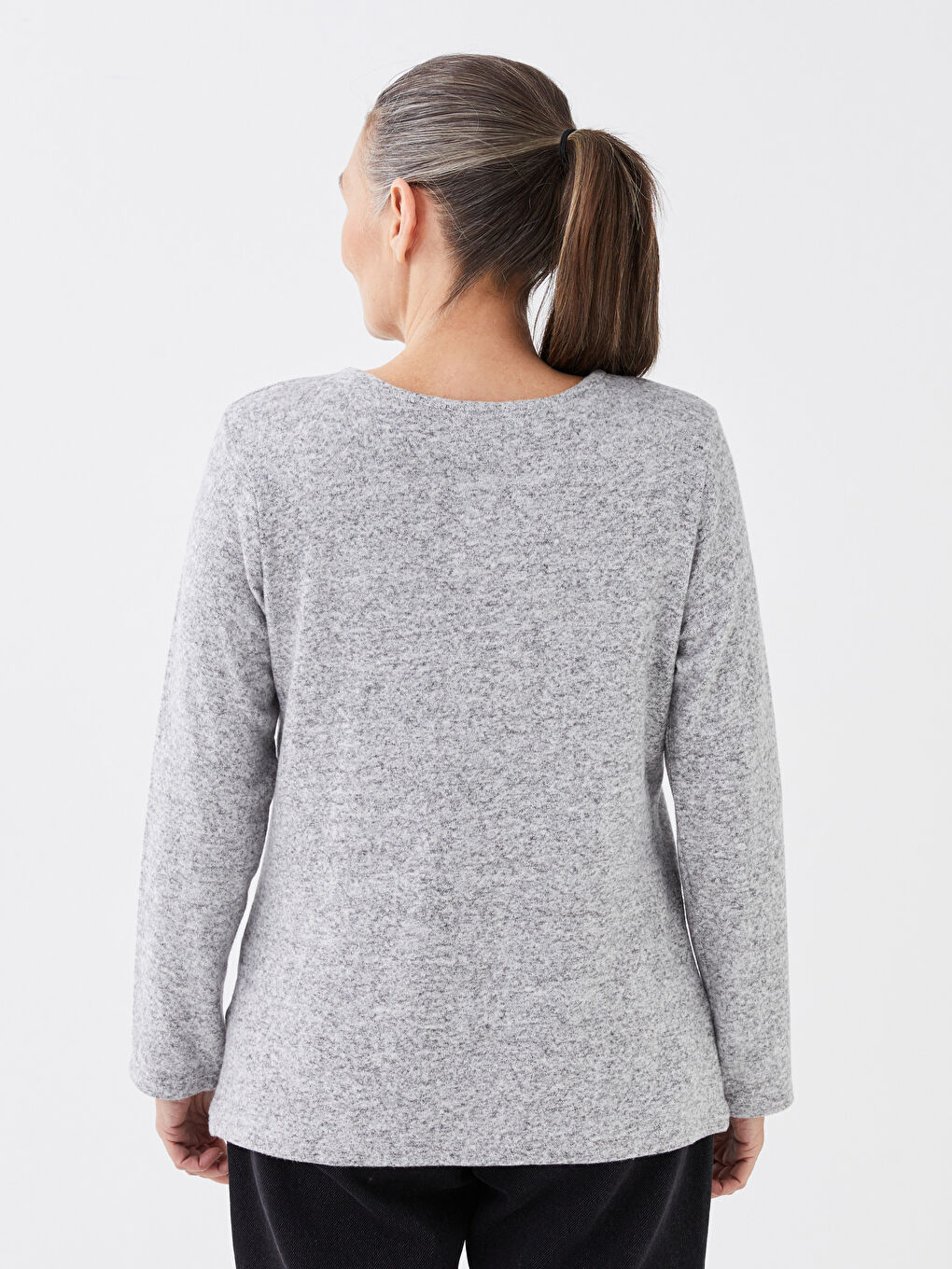 Gri Bisiklet Yaka Taşlı Uzun Kollu Kadın Bluz-4