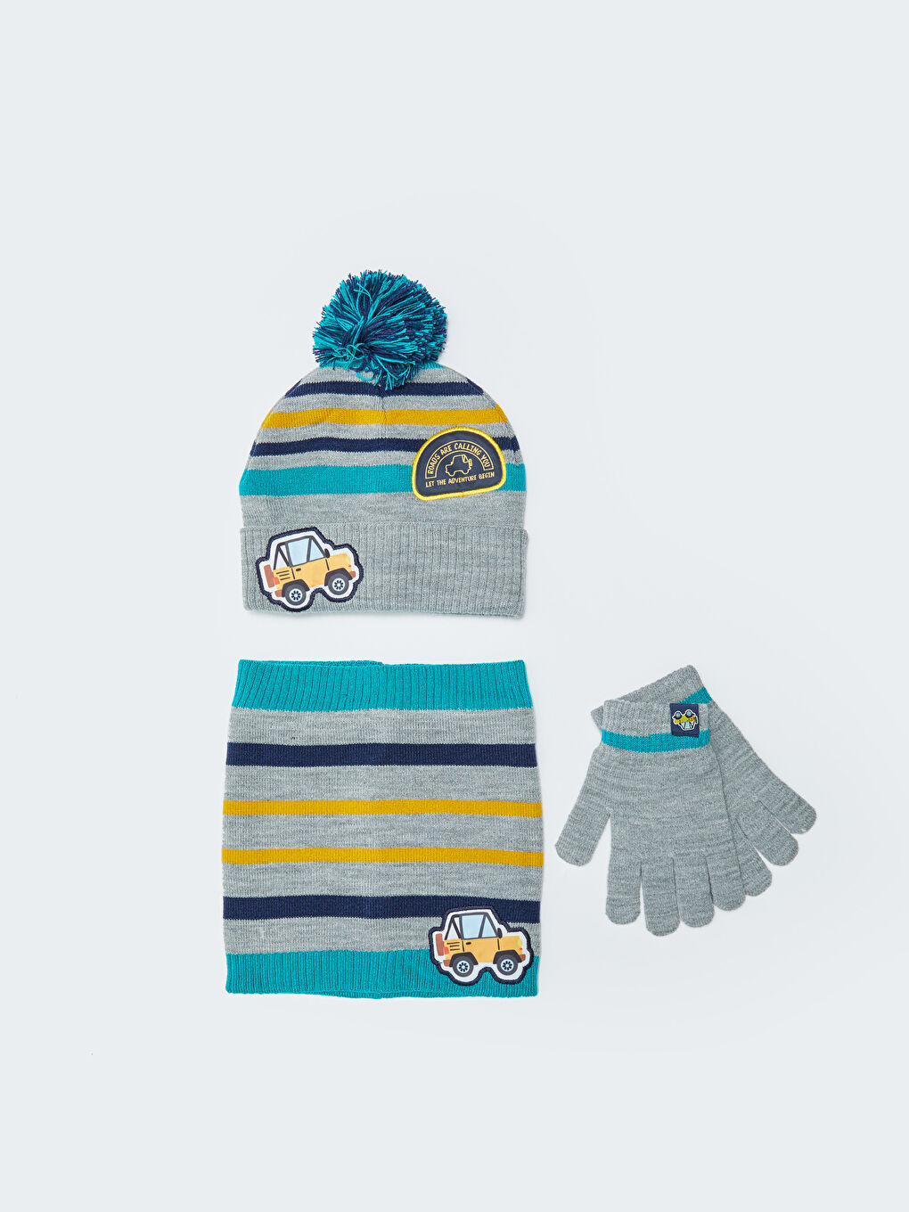Gri Çizgili Erkek Çocuk Atkı, Bere ve Eldiven 3'lü Takım