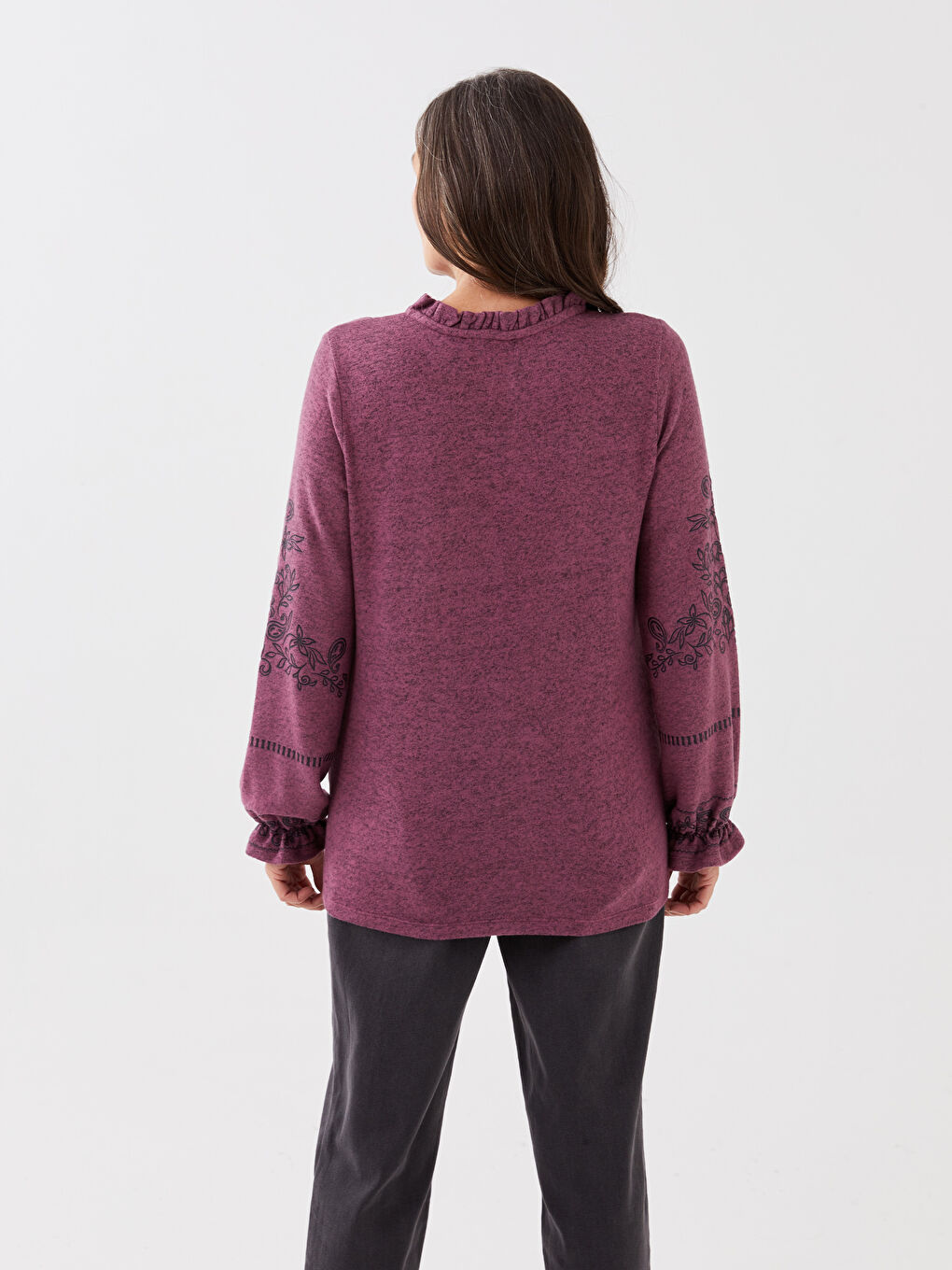 Mor Bağlamalı Yaka Nakışlı Uzun Kollu Kadın Bluz-4