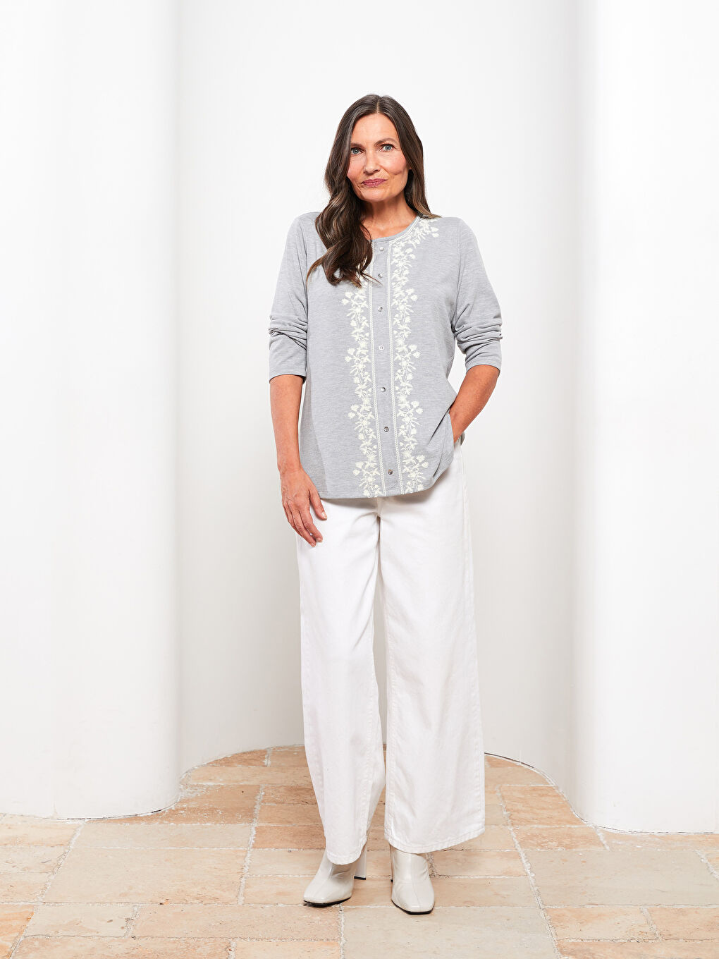 Crew Neck Embroidered Long Sleeve Women's Blouse