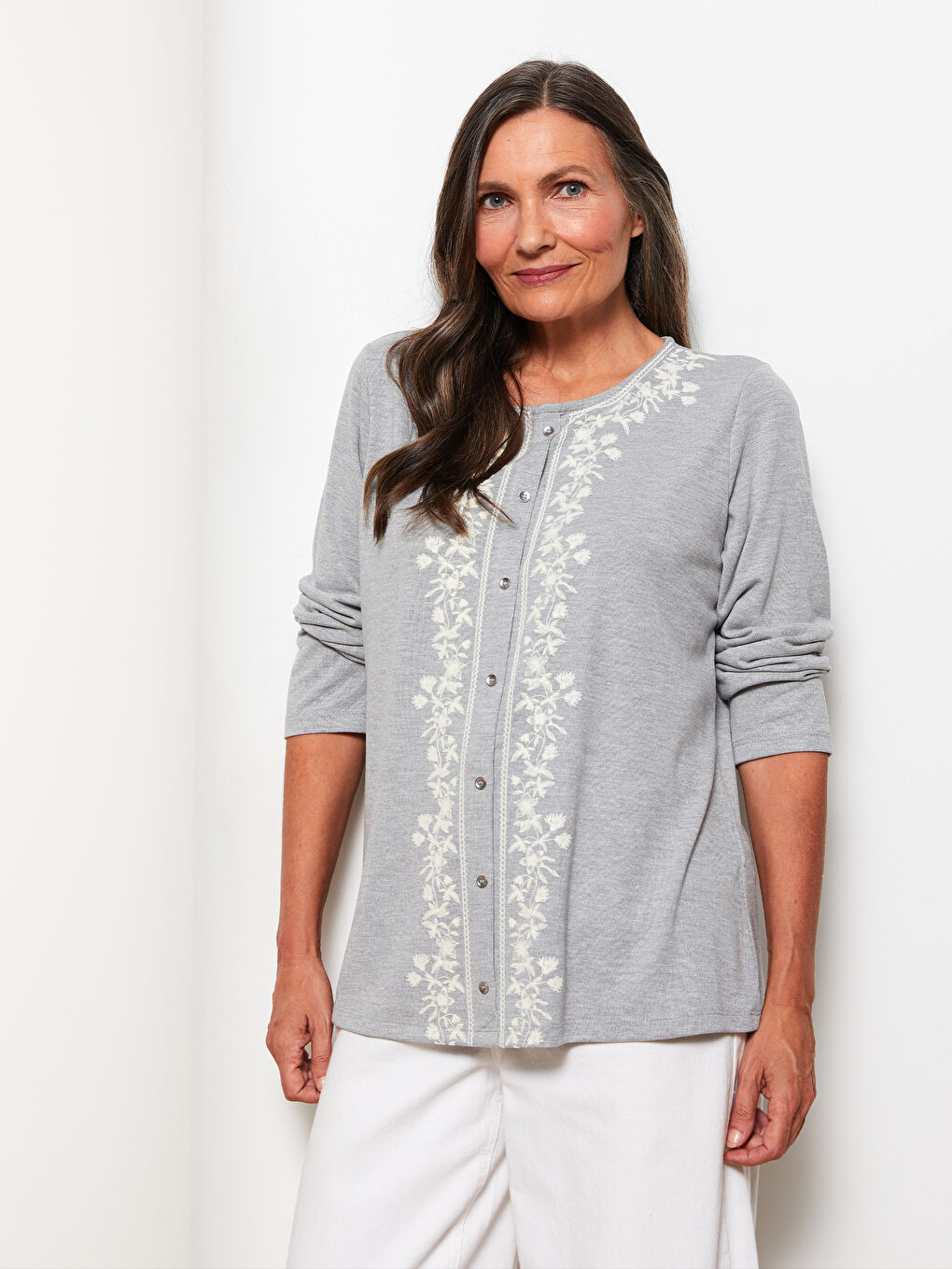 Crew Neck Embroidered Long Sleeve Women's Blouse-1