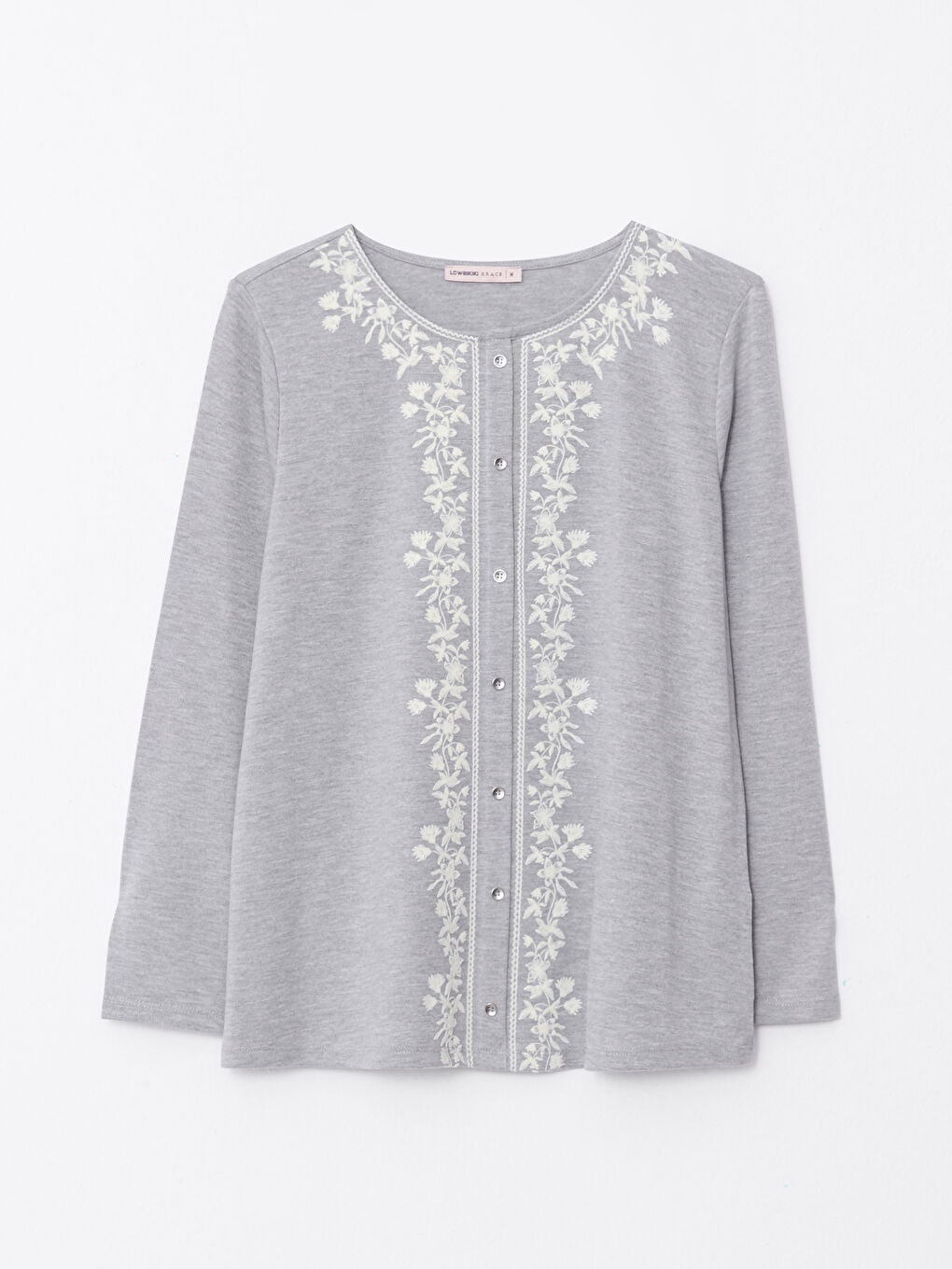 Crew Neck Embroidered Long Sleeve Women's Blouse-5
