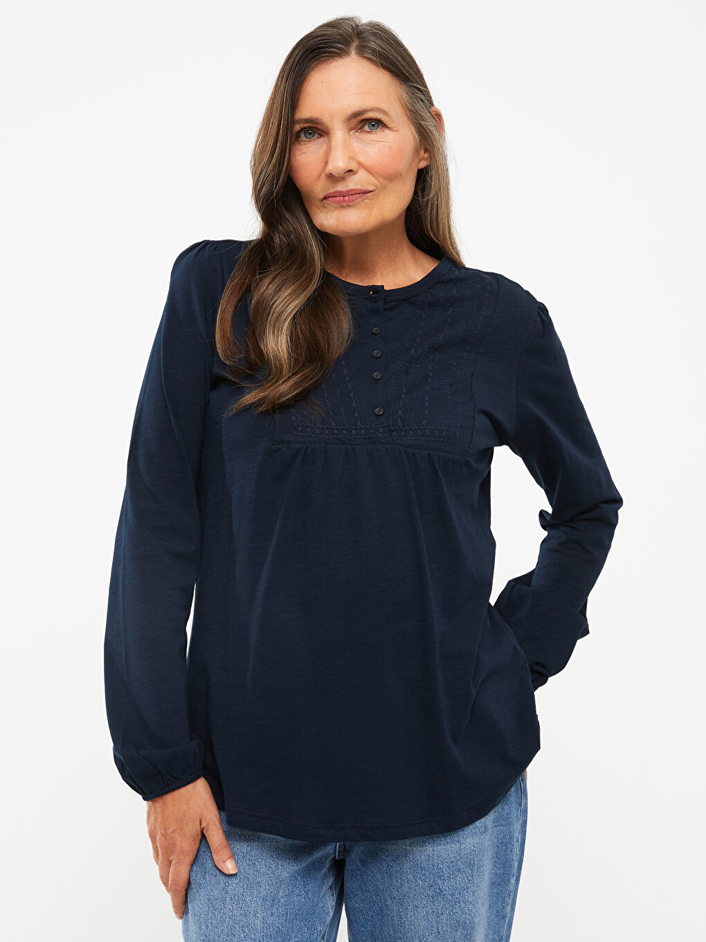 Crew Neck Embroidered Long Sleeve Cotton Women's T-Shirt-1