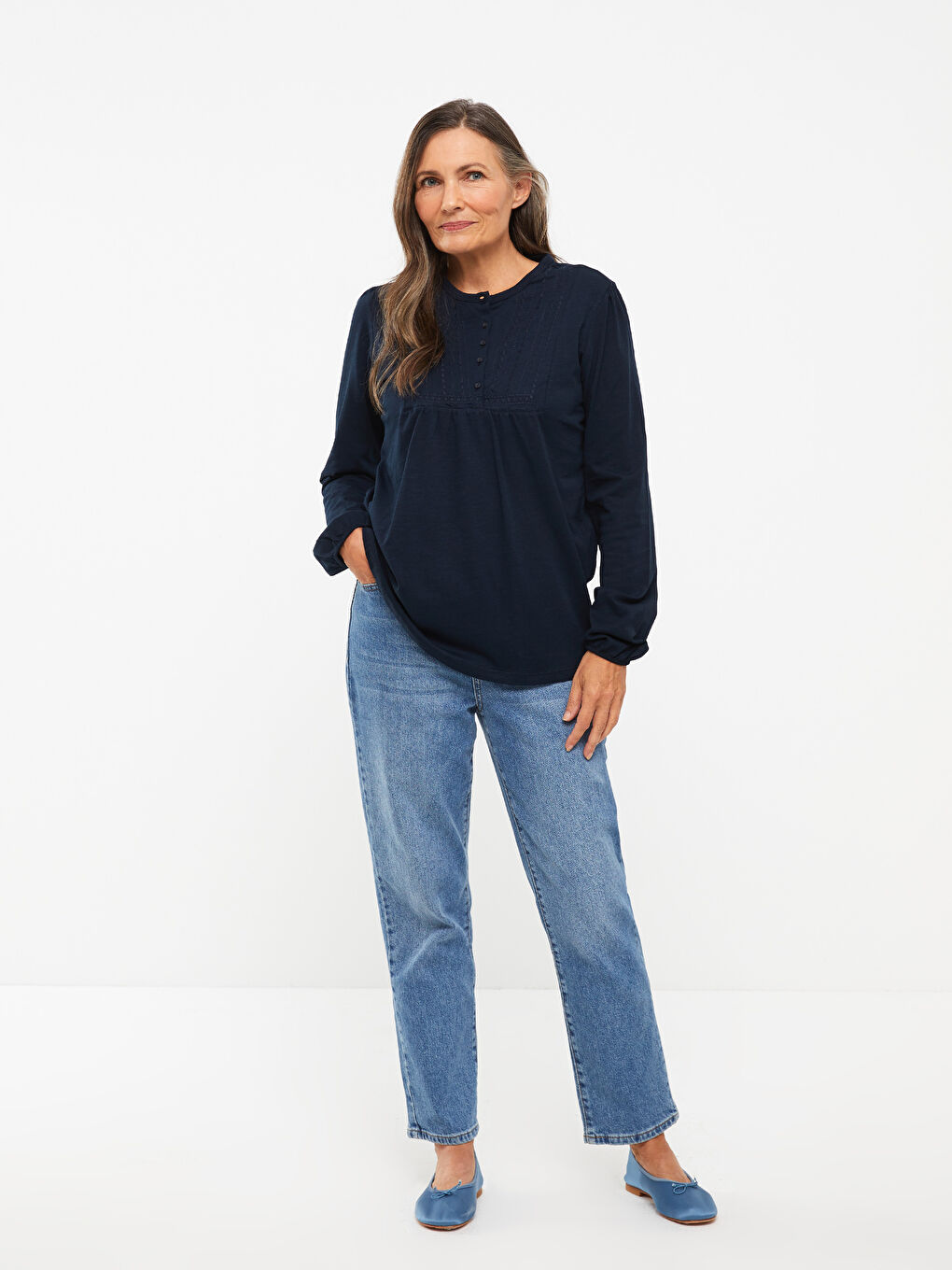 Crew Neck Embroidered Long Sleeve Cotton Women's T-Shirt-2