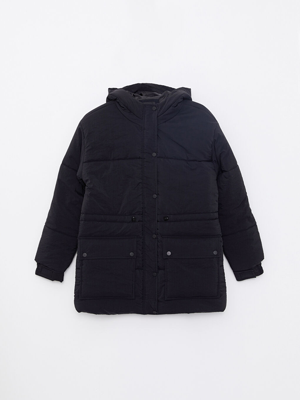 Siyah Kadın Kapüşonlu Düz Şişme Mont-7