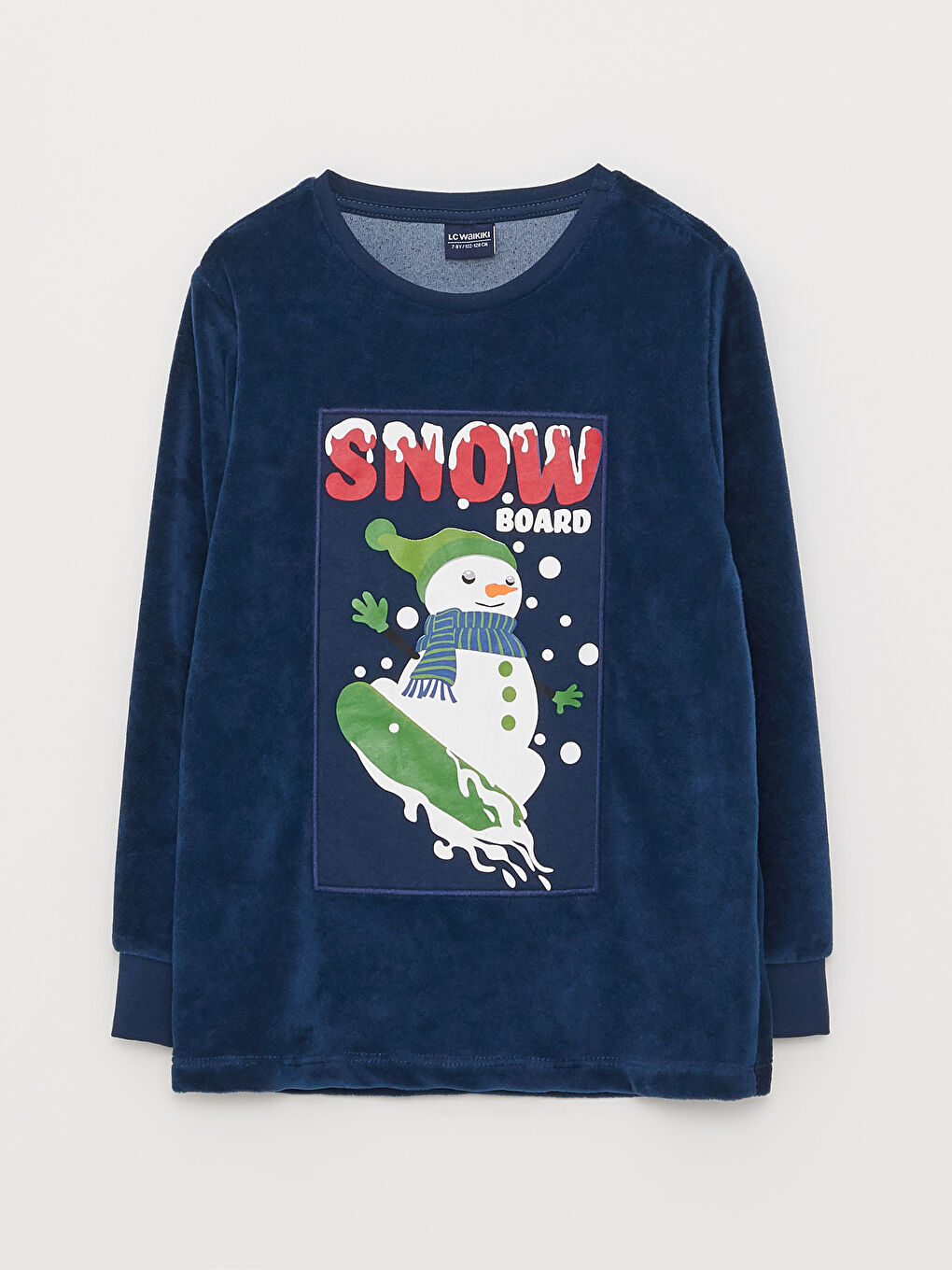 Lacivert Bisiklet Yaka Nakışlı Uzun Kollu Kadife Erkek Çocuk Pijama Takımı-1