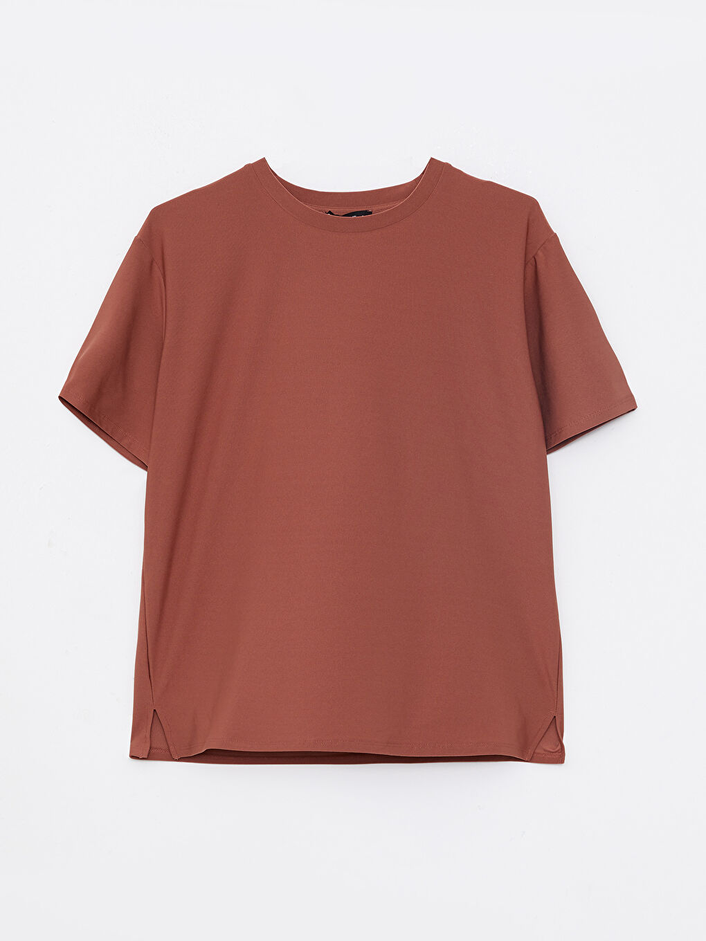 Kahverengi Bisiklet Yaka Düz Kısa Kollu Kadın Spor Tişört-5