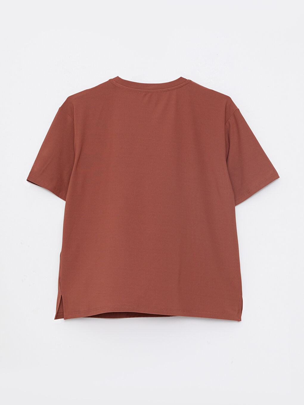 Kahverengi Bisiklet Yaka Düz Kısa Kollu Kadın Spor Tişört-6