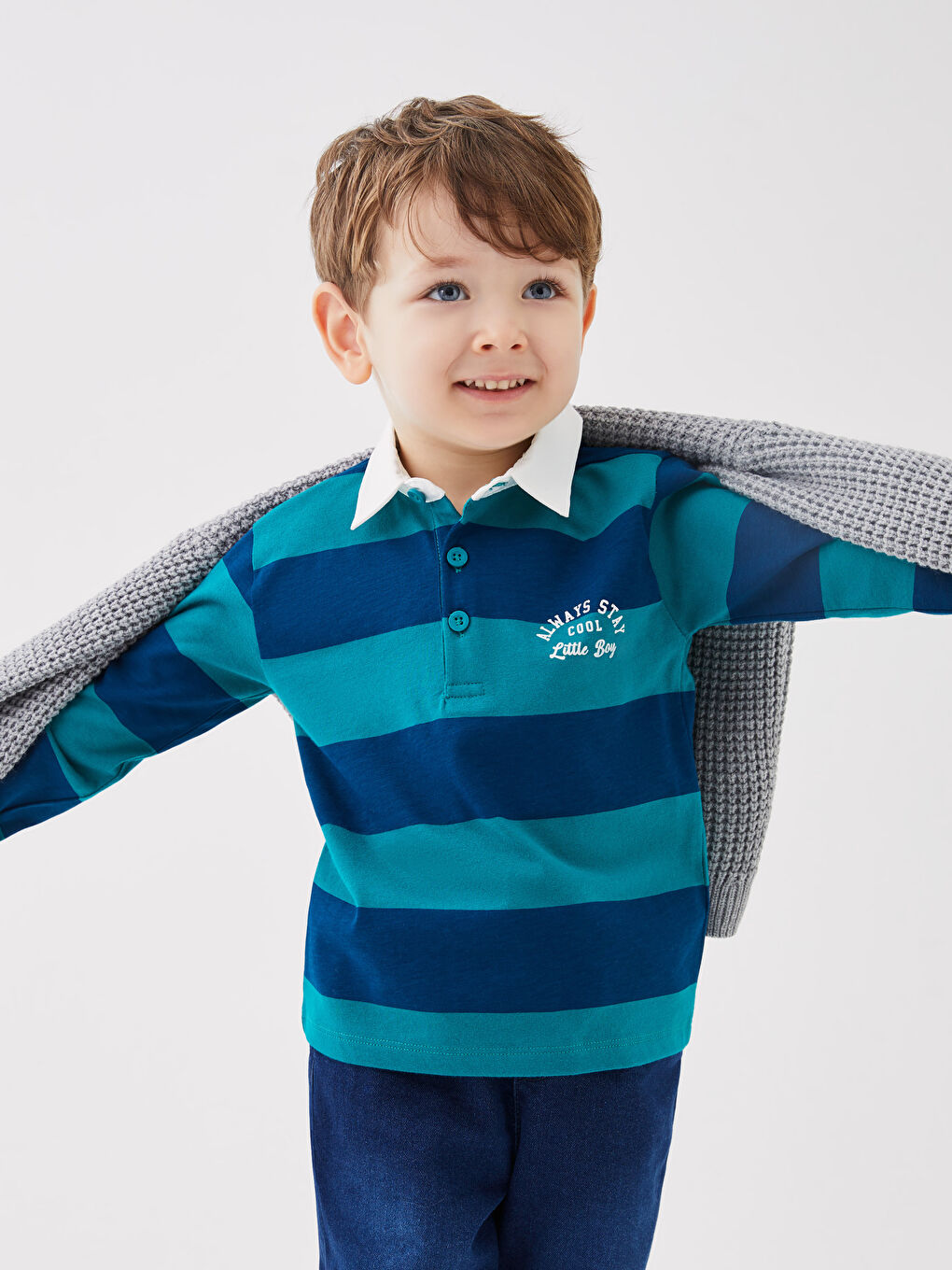 Yeşil Polo Yaka Uzun Kollu Çizgili Erkek Bebek Tişört