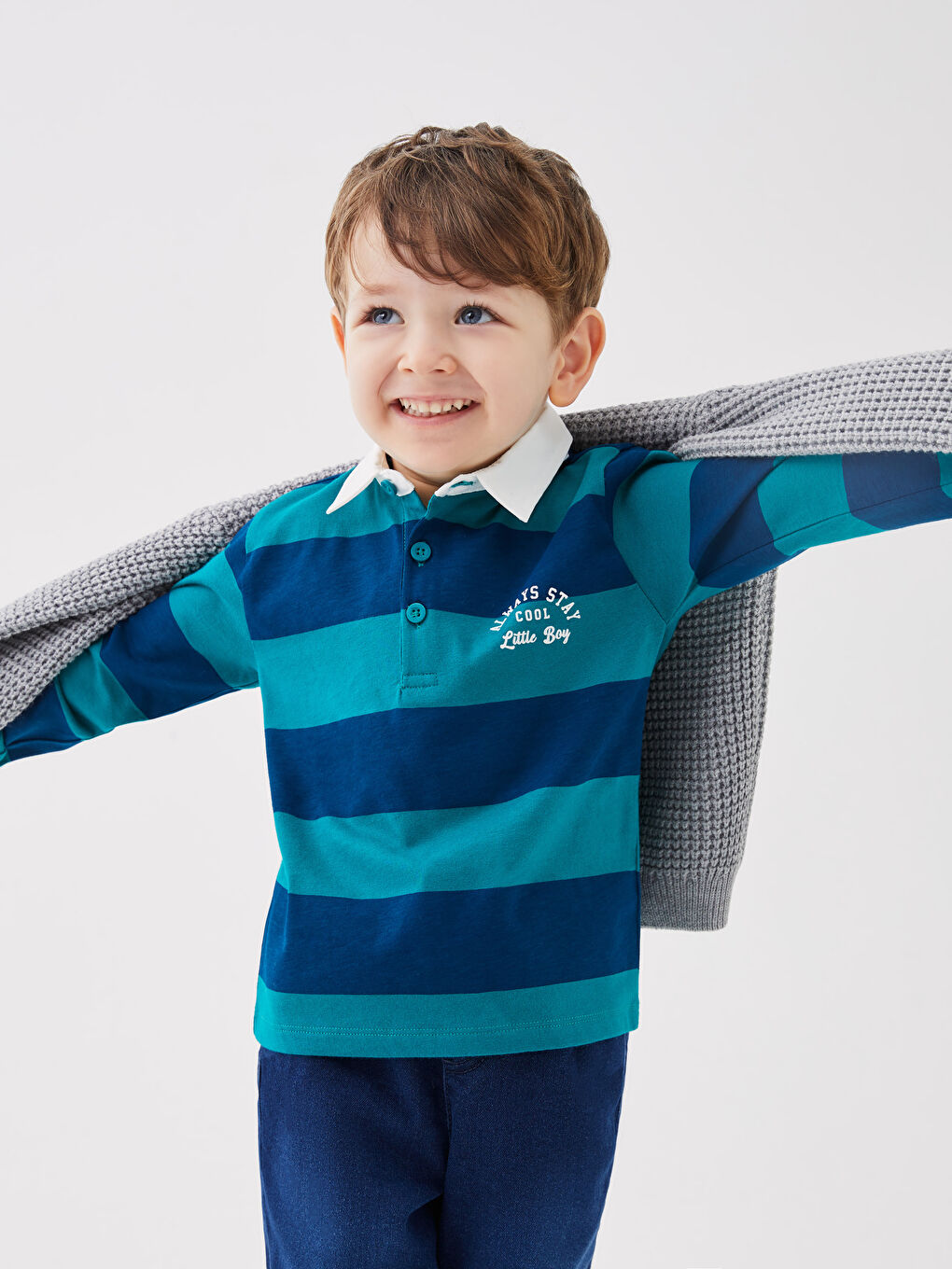 Yeşil Polo Yaka Uzun Kollu Çizgili Erkek Bebek Tişört-2