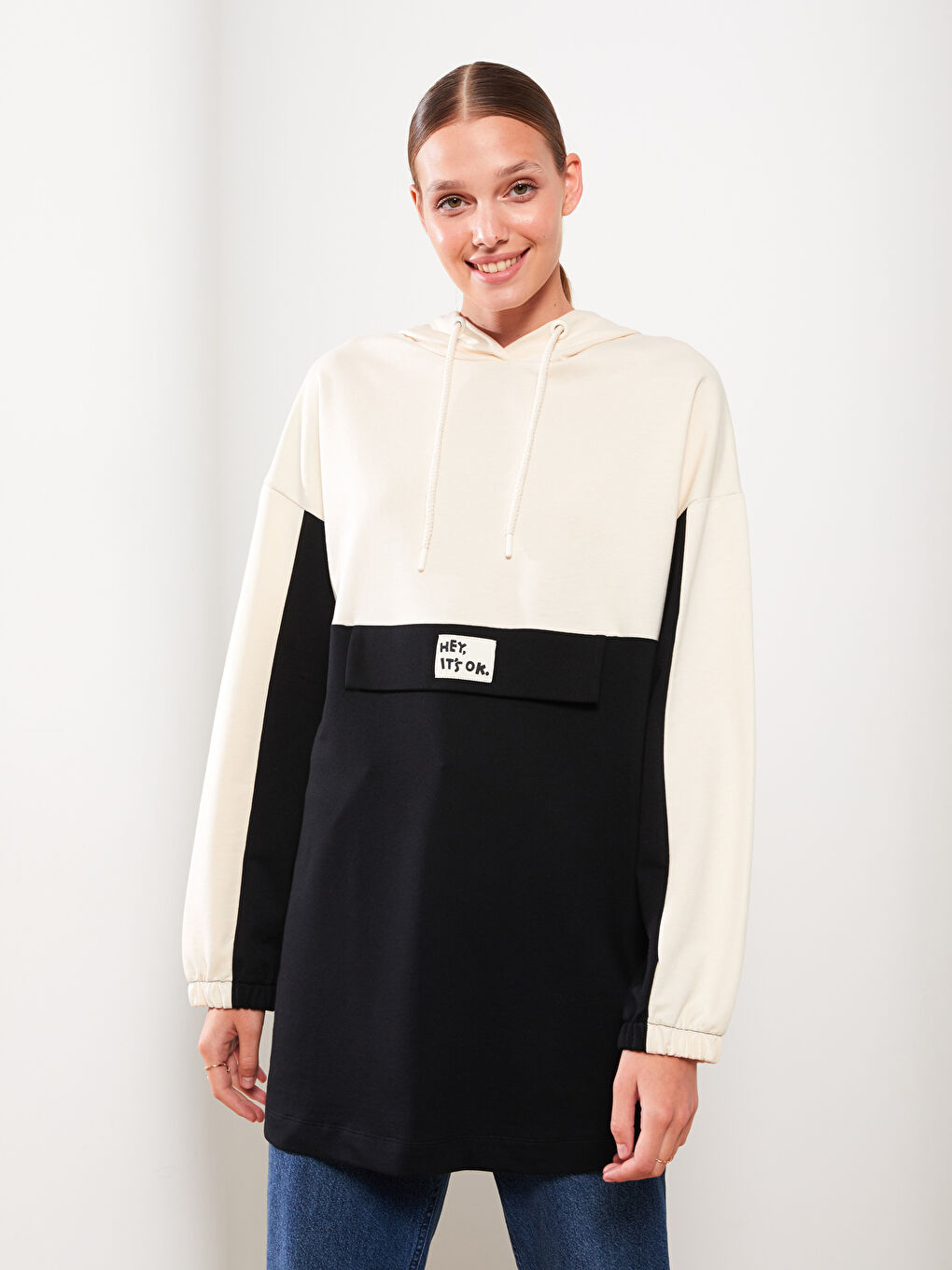 Hooded Color Block Long Sleeve Oversize Women's Sweatshirt Tunic