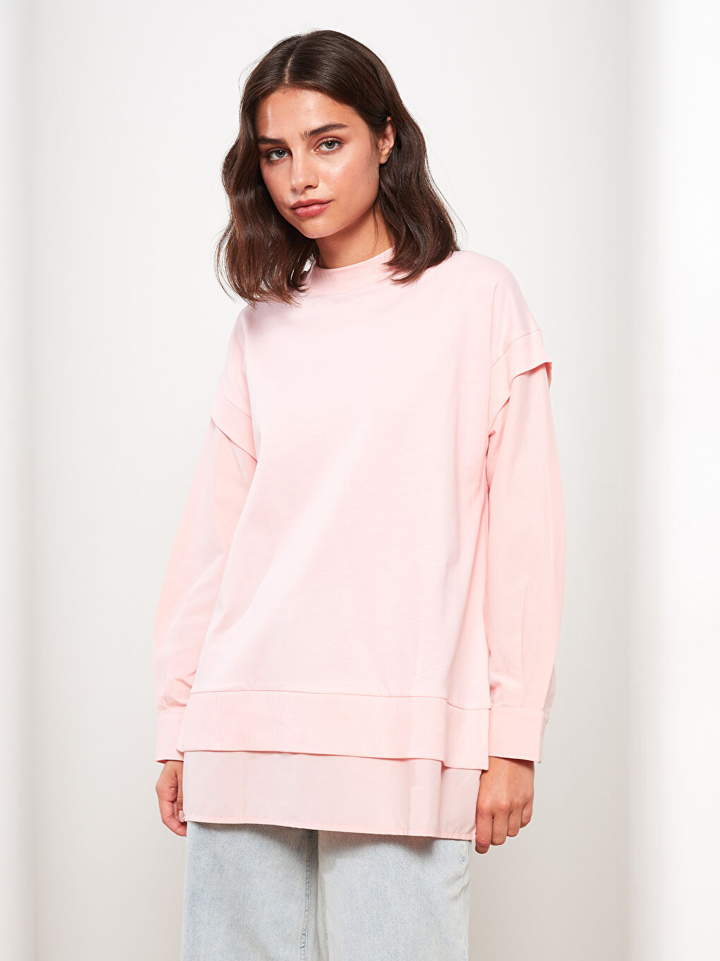 LCW Modest Açık Pembe Bisiklet Yaka Düz Oversize Kadın Sweatshirt Tunik