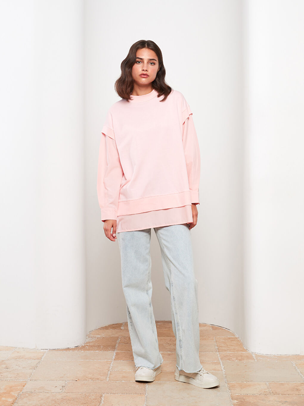 LCW Modest Açık Pembe Bisiklet Yaka Düz Oversize Kadın Sweatshirt Tunik - 1